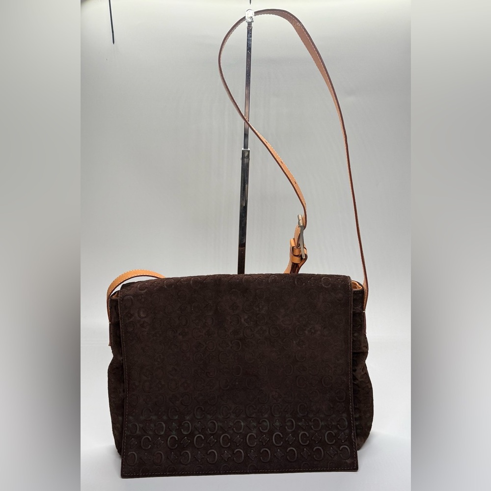 Celine Brown Suede Monogram Messenger Crossbody Bag Leather Strap